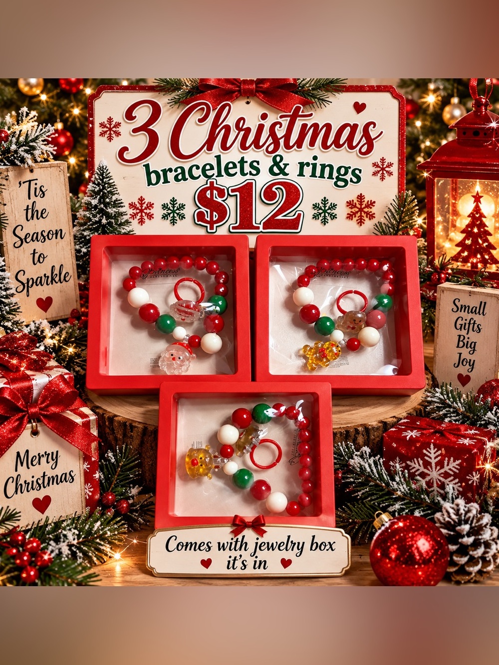 3-Christmas Beaded Bracelets & Ring Sets —comes with jewelry boxes they are in
